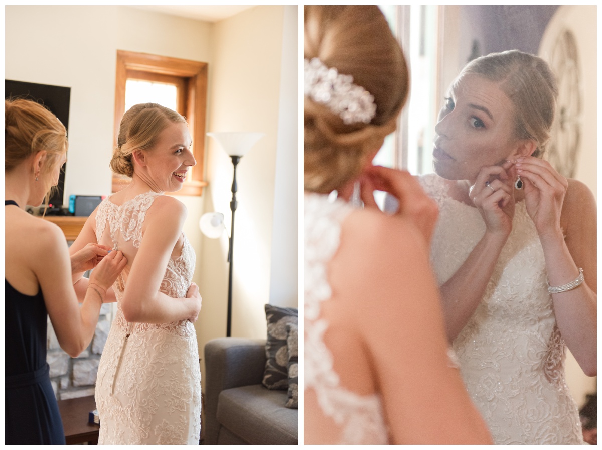 bride being buttoned into dress, bride putting on earings, wedding photography by Sandra Grunzinger Photography