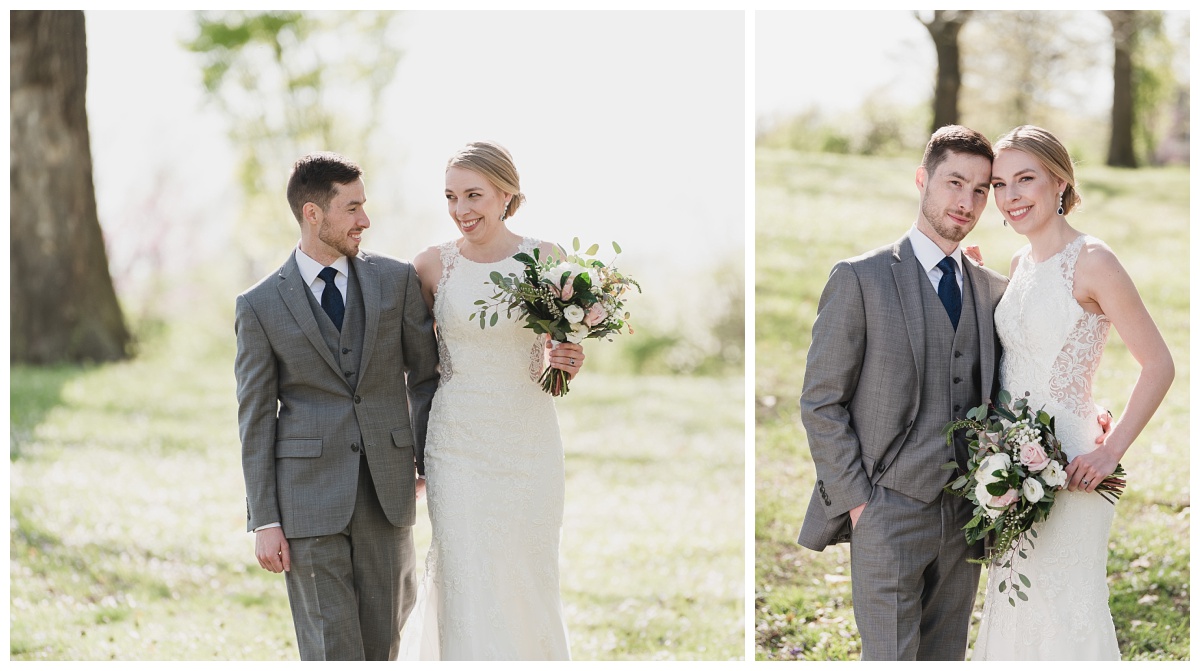 groom in grey suit and blue tie, bride with wildflower bouquet, wedding photography by Sandra Grunzinger Photography