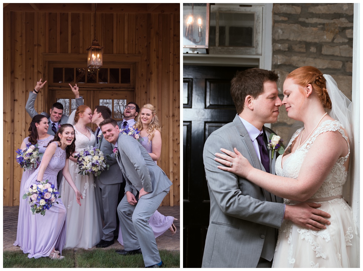 wedding party in lilac, light grey and deep purple in front of cedar plank at Stone House of St Charles, a St Louis wedding venue, left | Bride and groom embracing, right