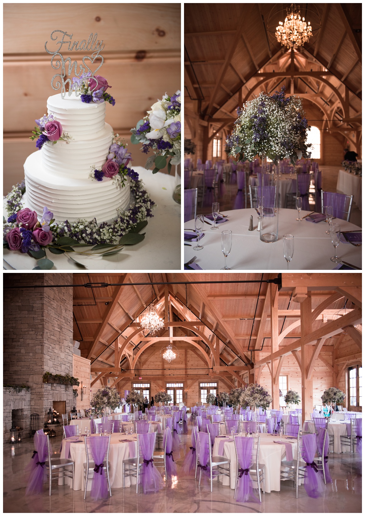 three tier white cake with purple rose and baby's breath accents by Wedding Wonderland Cakes, top left | Tall flower arrangement of baby's breath and lilac flowers on white linen, top right | The vaulted ceilings of Stone House of St. Charles, a St Louis wedding venue, with white tables and silver chiavari chairs with purple tulle decor, lower