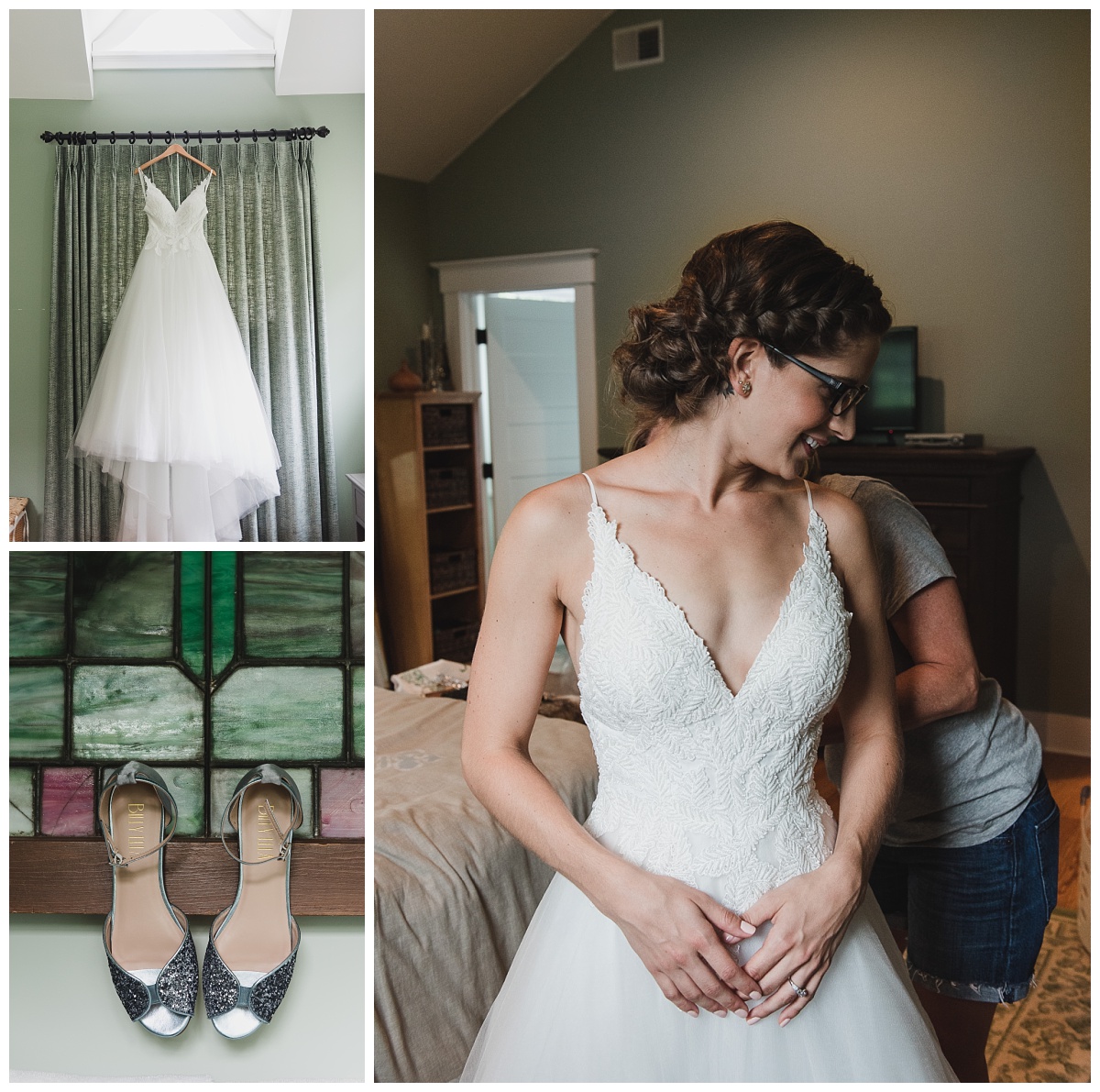 top left: White wedding dress with full tulle skirt hanging in front of a window | Lower left: Grey sparkly peep-toe sandals with ankle strap hanging from a stained glass window with tones of green and purple. | Right: Dark-haired bride in glasses being zipped into her wedding gown.