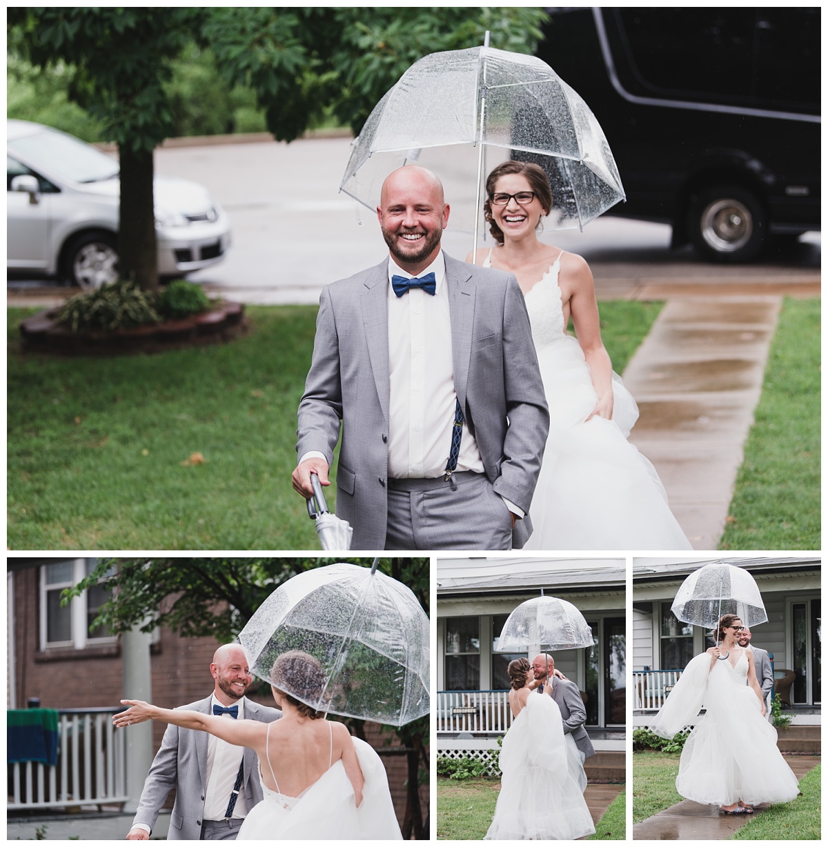 A series of images showing bride and groom sharing a first look in the front yard of their new home.