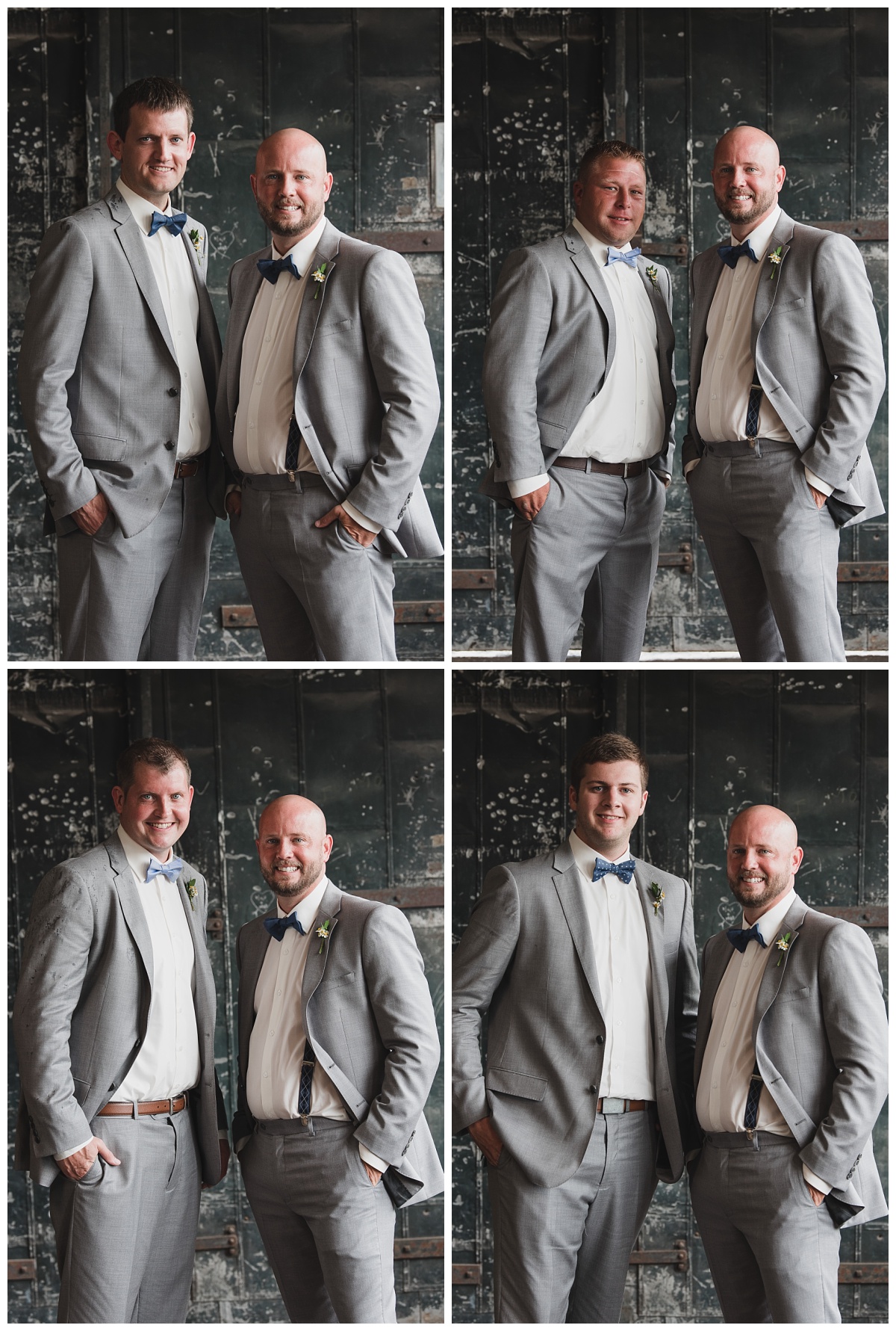 Series of 4 images of the groom with each groomsman, each wearing a grey suit, white shirt and blue bow ties.