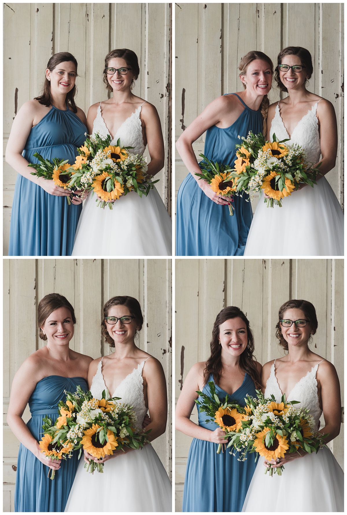 A series of 4 images of the bride with each bridesmaid. Bride is wearing a tulle-skirted gown with deep v neckline and leaf embroidered motif. Bridesmaids are wearing cornflower blue floor-length dresses. All carry sunflower boquets.