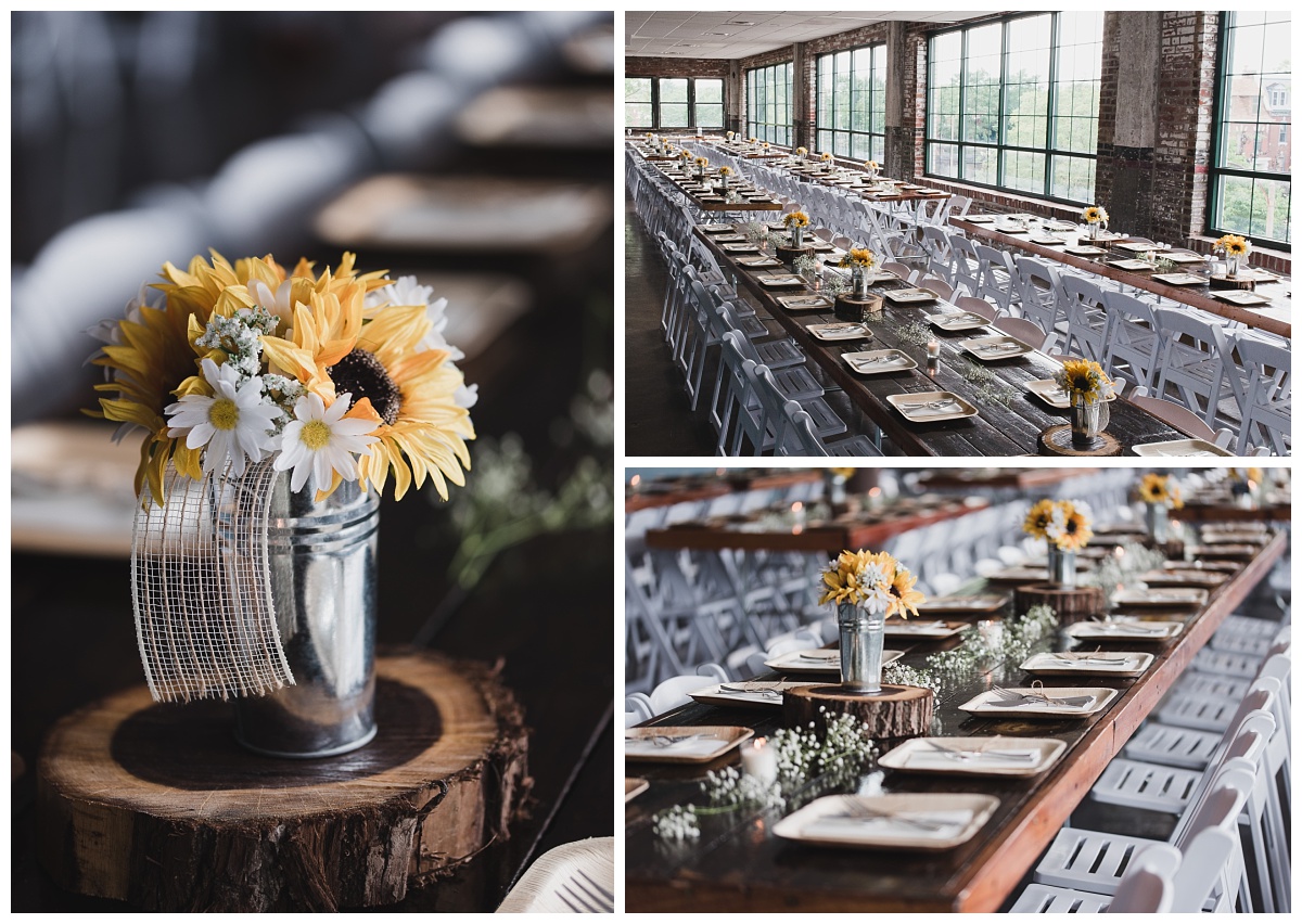 A series of 3 images displaying the inside of Jefferson Underground decorated for the reception dinner in St. Louis, MO. Long wooden tables are decorated with baby's breath and steel pots of sunflowers and daisies. White chairs line either side of the tables. 