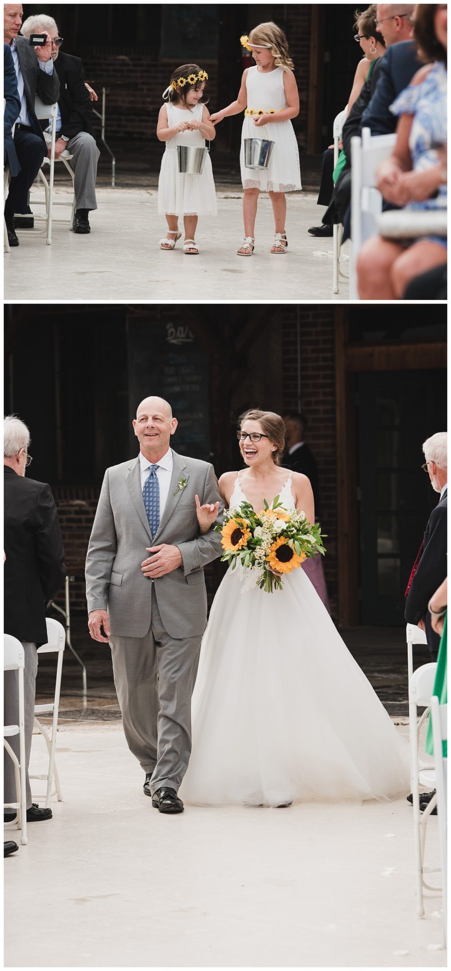 Top image of flower girls with sunflower crowns walking down the aisle at the rooftop ceremony at Jefferson Underground. | Bottom image of bride with father walking down the aisle, greeting guests with a smile and a wave.