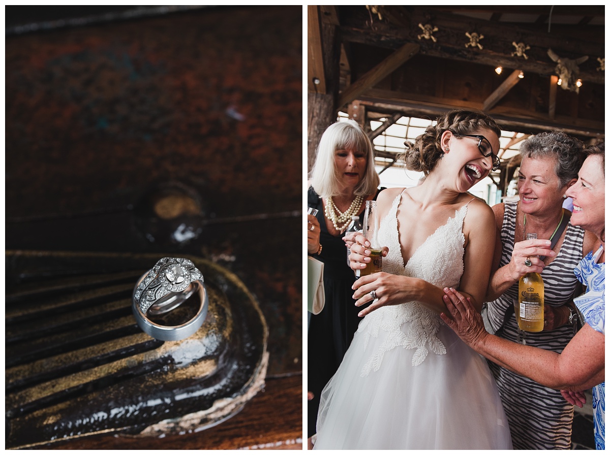 Left image: Art deco-style wedding ring set with cushion cut diamond setting atop a plain silver men's band. | Right image: Bride laughing, surrounded by guests on the rooftop patio at the Jefferson Underground. 