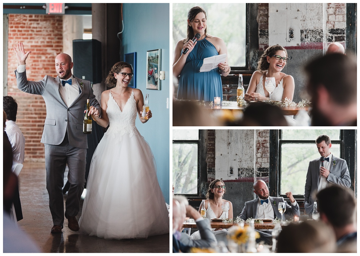 Bride and groom entering their reception to cheers from guests. | Maid of honor toasting couple elicits laughter from the bride. | Best man gets cheers from crowd and groom. 