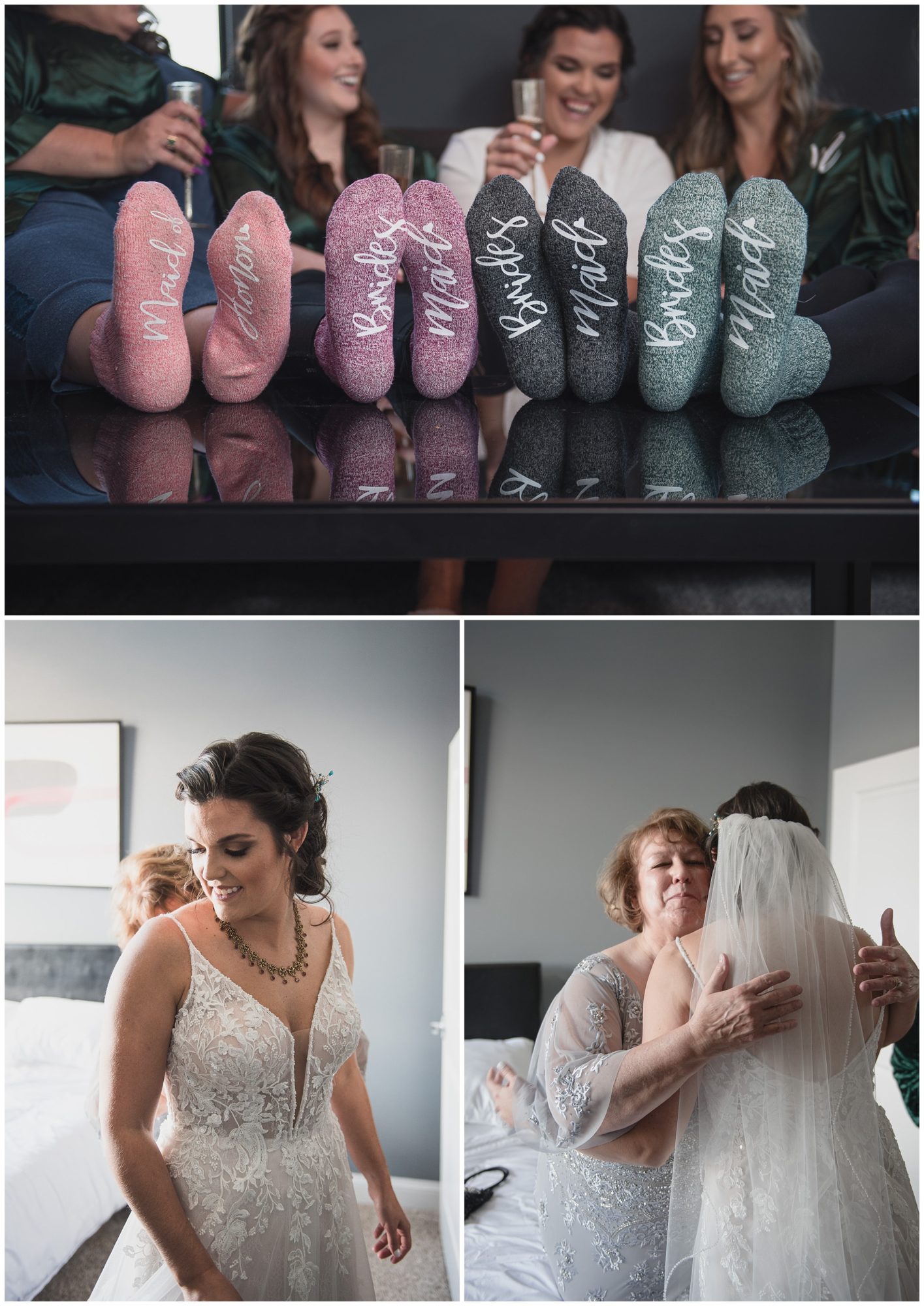 Top: Bridal Party wearing personalized socks, Bottom left: Bride getting ready, Bottom right: Mom and bride hugging