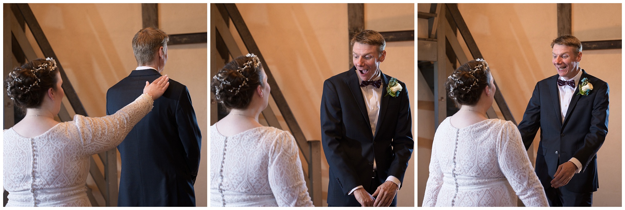 Series of Groom seeing Bride for the first time in the Das Bevo Loft
