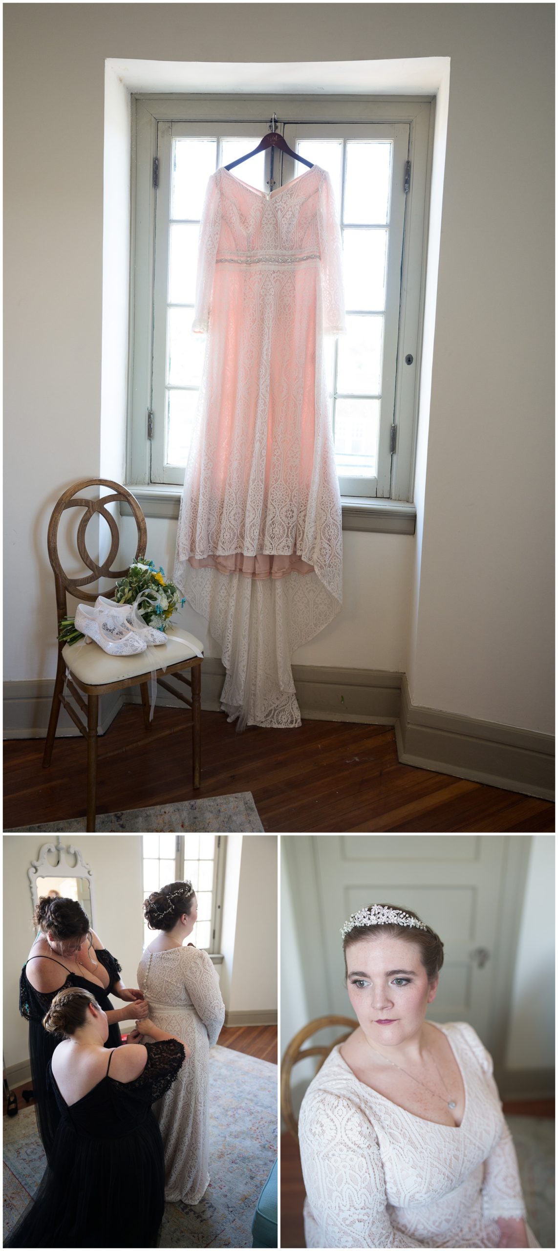 Long sleeve lace gown hanging in a window | Bride with bridesmaids