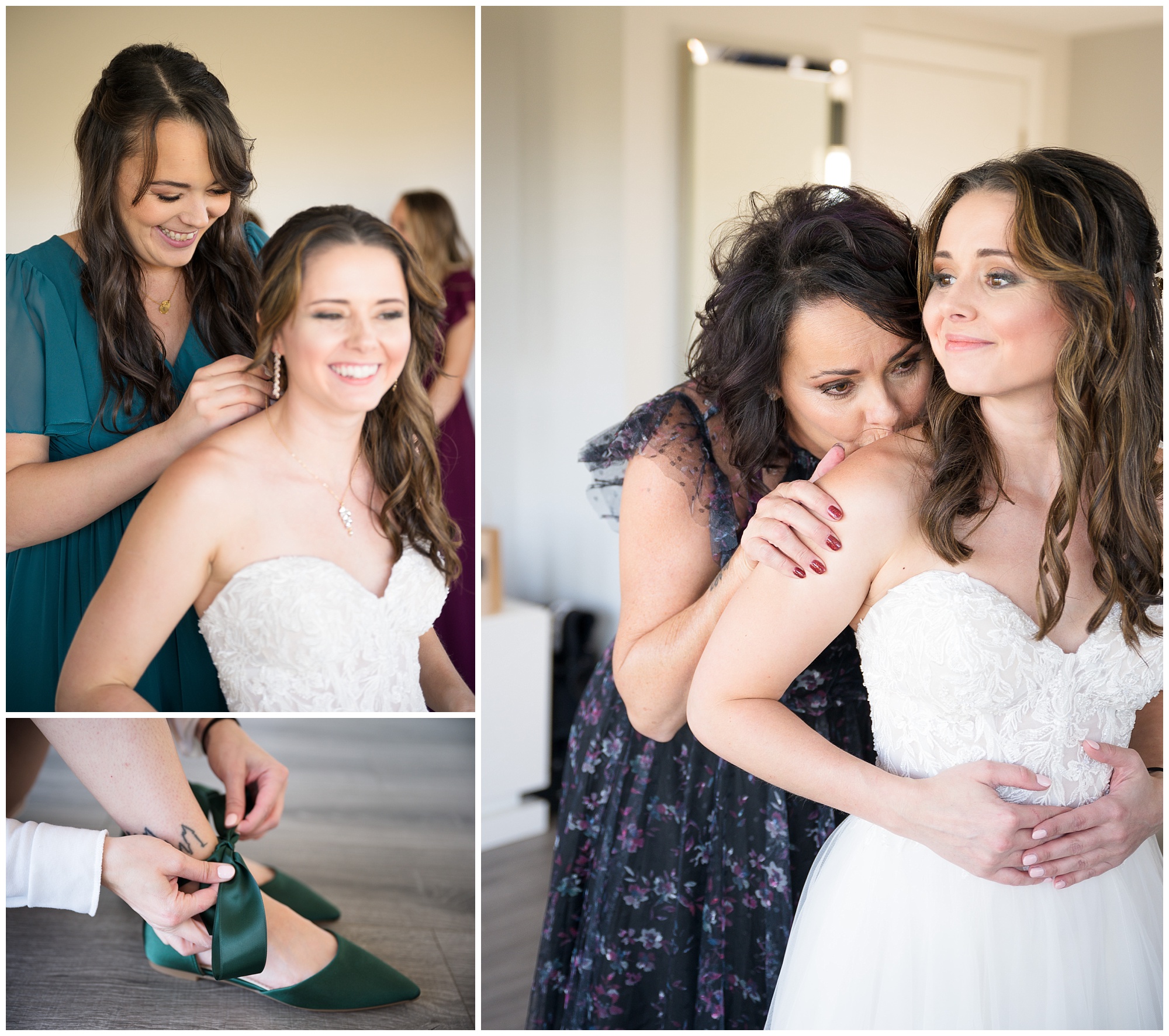three images of bride getting ready with mother and sister