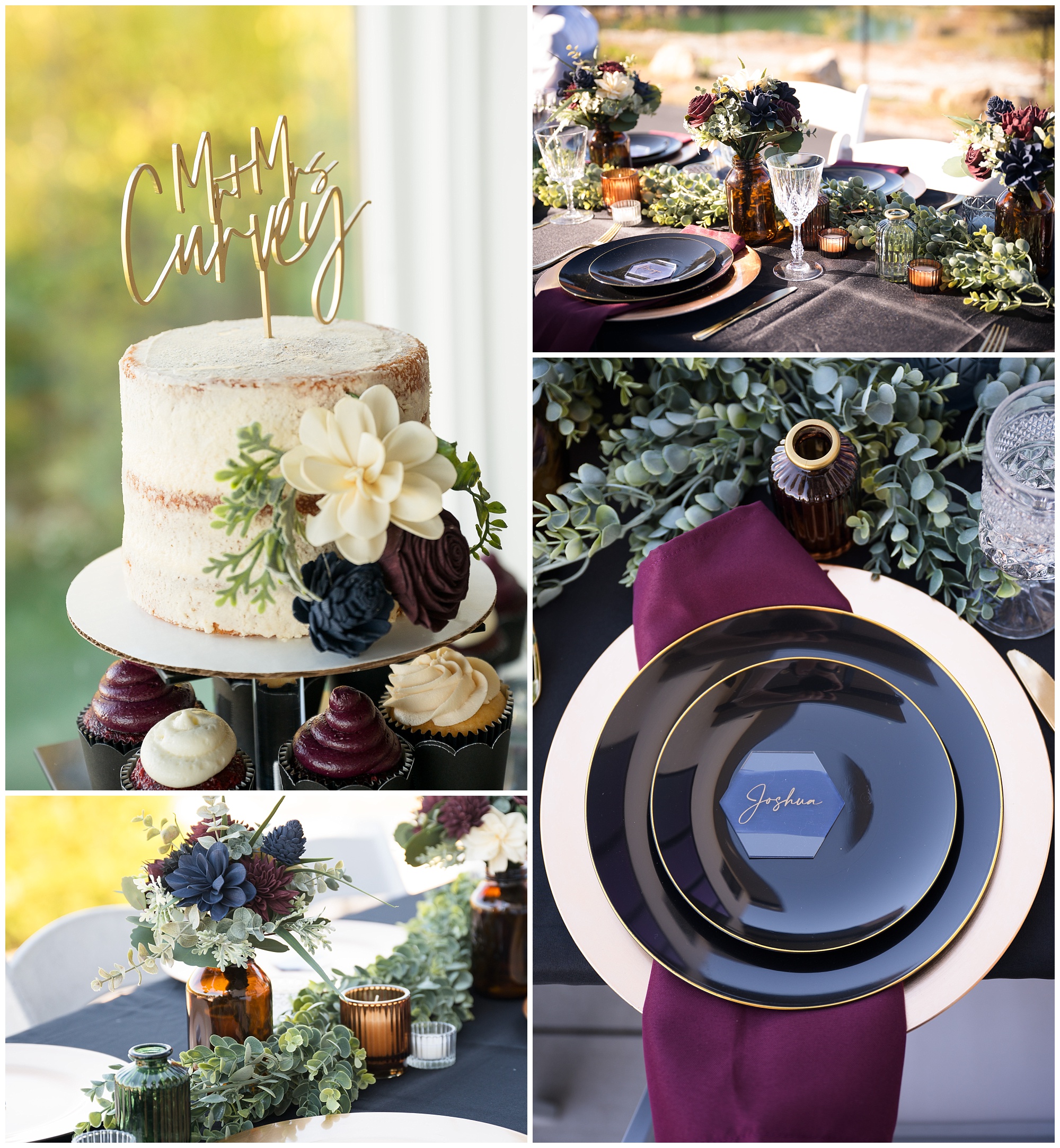 Hunter green, burgundy, and navy wedding decor featuring sola wood flowers and a naked cake